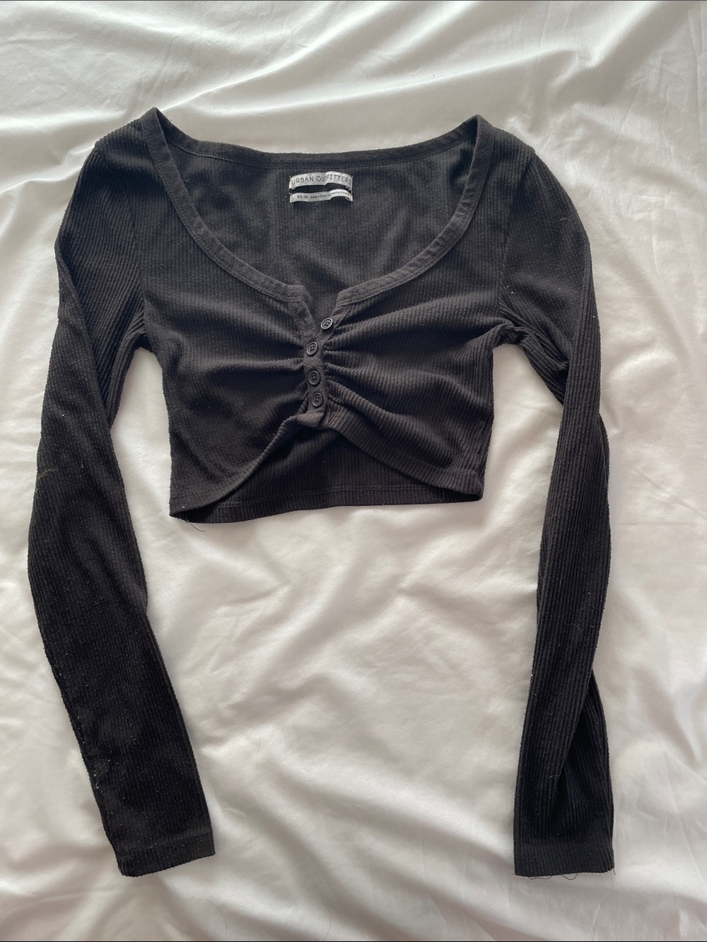 Urban Outfitters Black Ribbed Cropped Long-Sleeve Henley Top